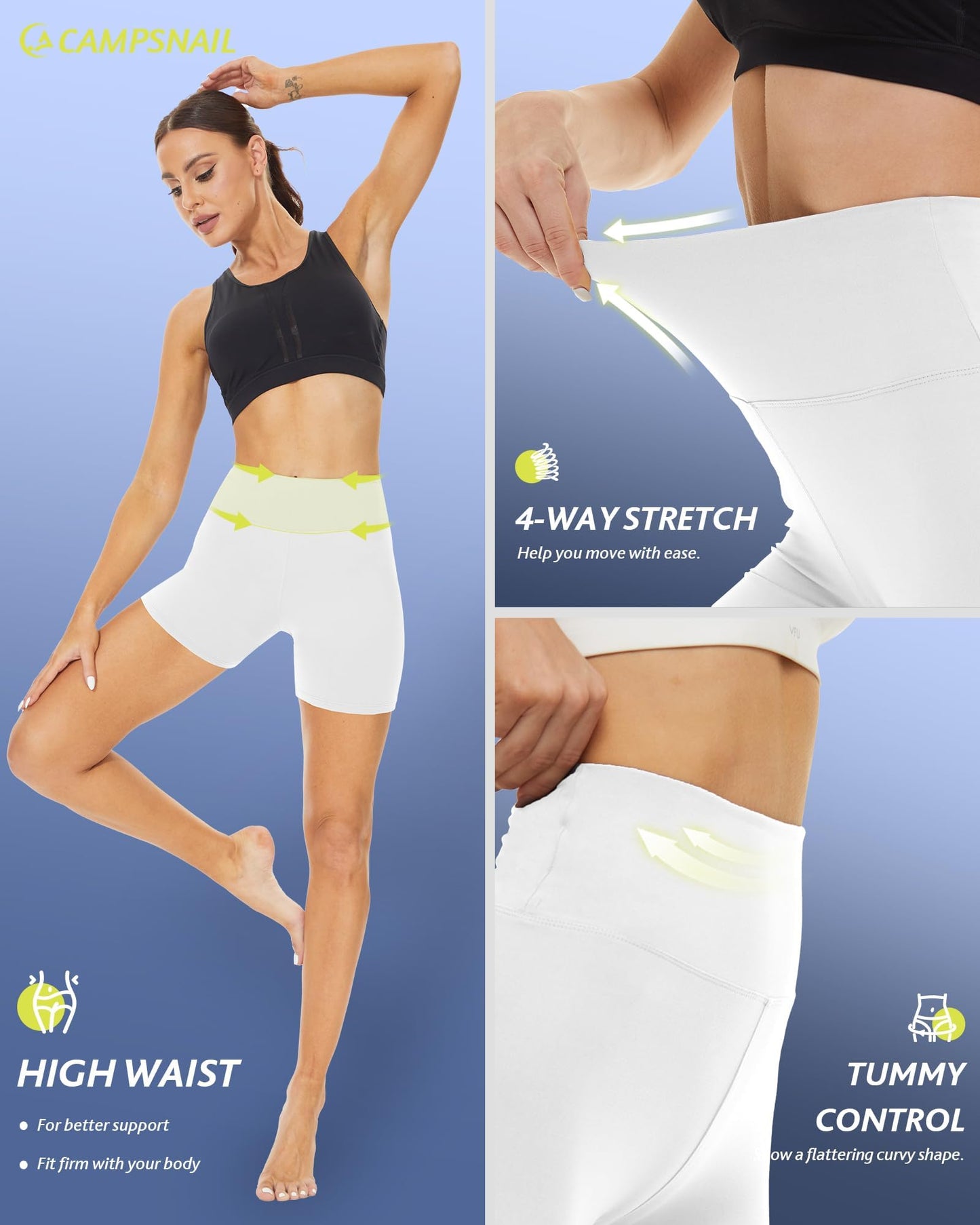 CAMPSNAIL White Workout Biker Shorts Women - 3"/5"/8" High Waisted Tummy Control Spandex Booty Volleyball Shorts for Yoga Dance XX-Large 5IN