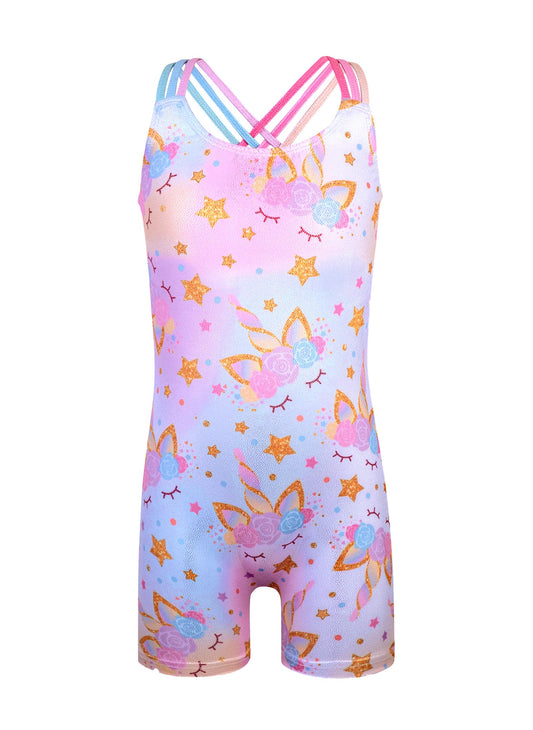 HOZIY leotards for gymnastics kids size 7-8 years gold glitter unicorn rainbow crisscross strap Tumbling Outfits Biketard Practice Sparkly ropa de gimnasia para niñas