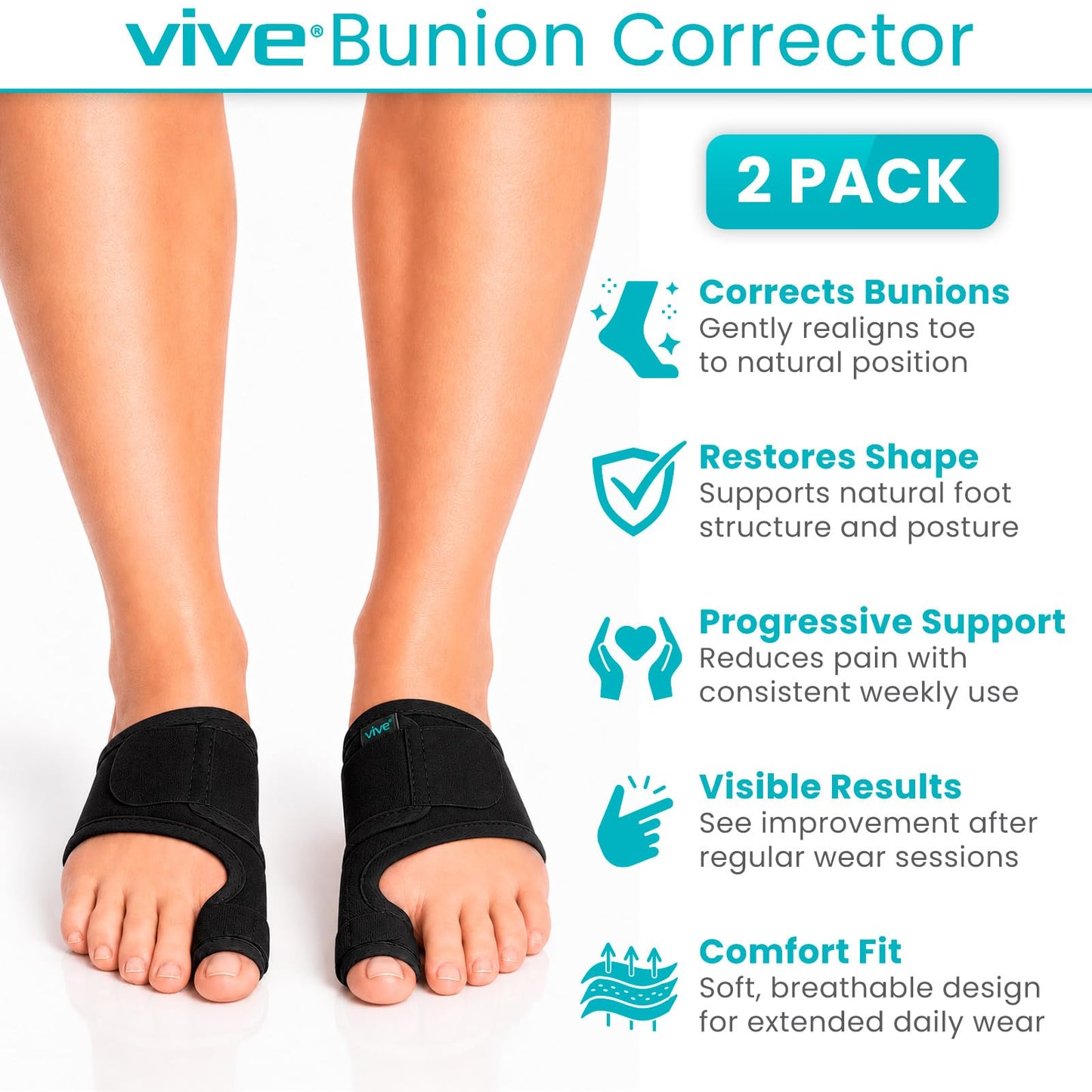 Vive Bunion Brace (Pair) - Big Toe Corrector Straightener with Splint - Hallux Valgus Pad, Joint Pain Relief, Alignment Treatment - Orthopedic Sleeve Foot Wrap Support for Men and Women (Black)