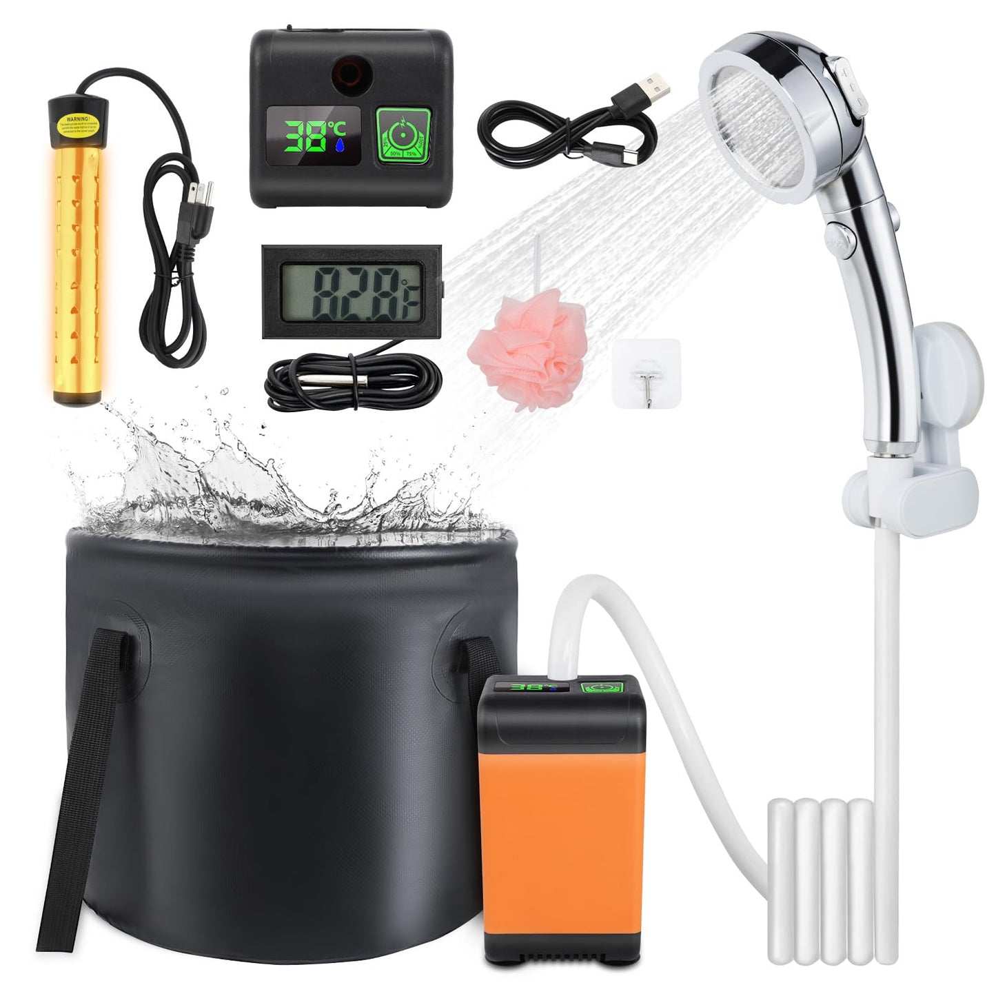 FIRINER Portable Camping Shower, 7800mAh Rechargeable Outdoor Shower Kit with Heater, Intelligent LED Display, IPX8 Waterproof, Portable Shower for Camping, Outdoor, Travel, Car Washing, Pet Bathing