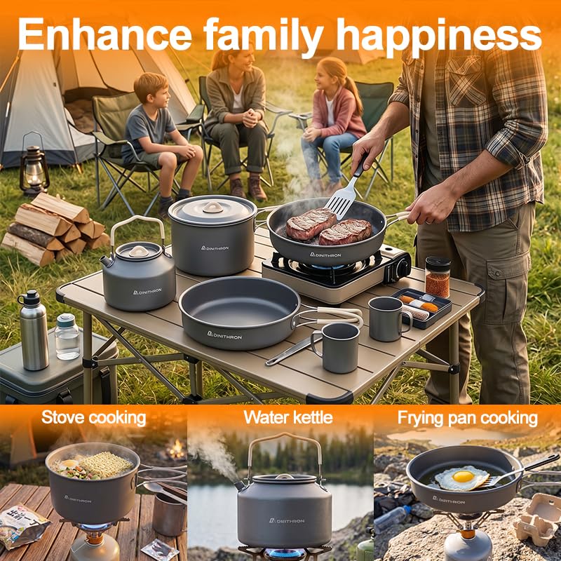 Dinithron 22-Piece Camping Cookware Set Grey, 3.3L Pot & Kettle – Large Capacity