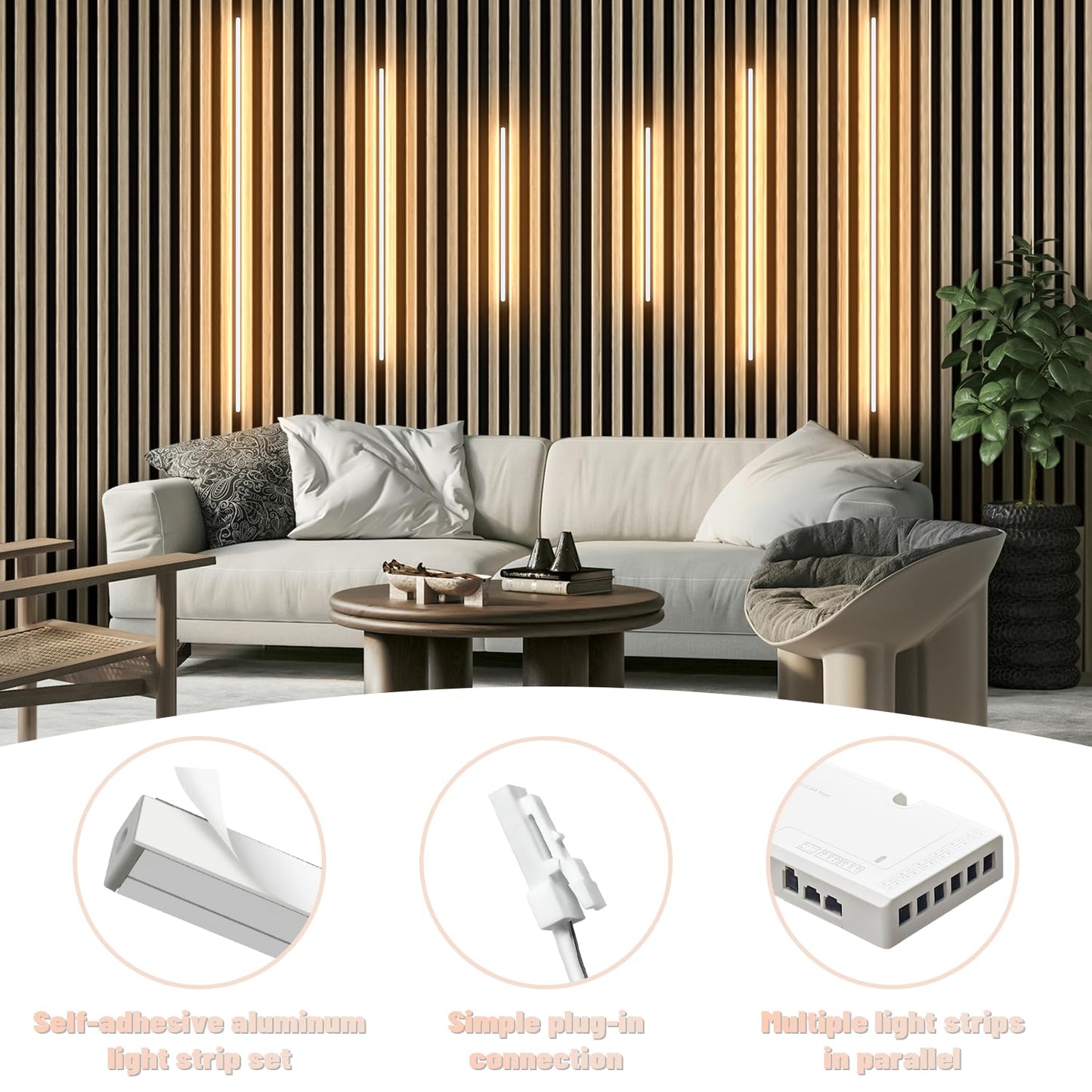 Lichaser LED Recessed Lighting for Acoustic Panel, 6 Pcs of 3000K Dimmable LED Strip Light for Wood Slat Wall Panel in Parallel with Touch Sensor, Self-Adhesive for Slat Wall Decor (2*36+2*24+2*16 in)