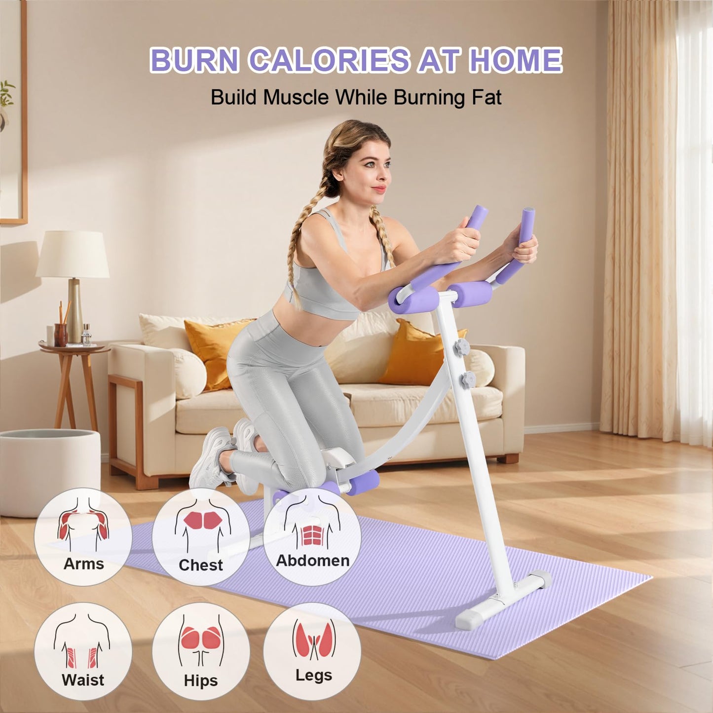 Ab Trainer Machine for Abs Workout at Home Gym, Knee Protection, Abdominal Trainer for Stomach Workout,Touch Displays(Purple)