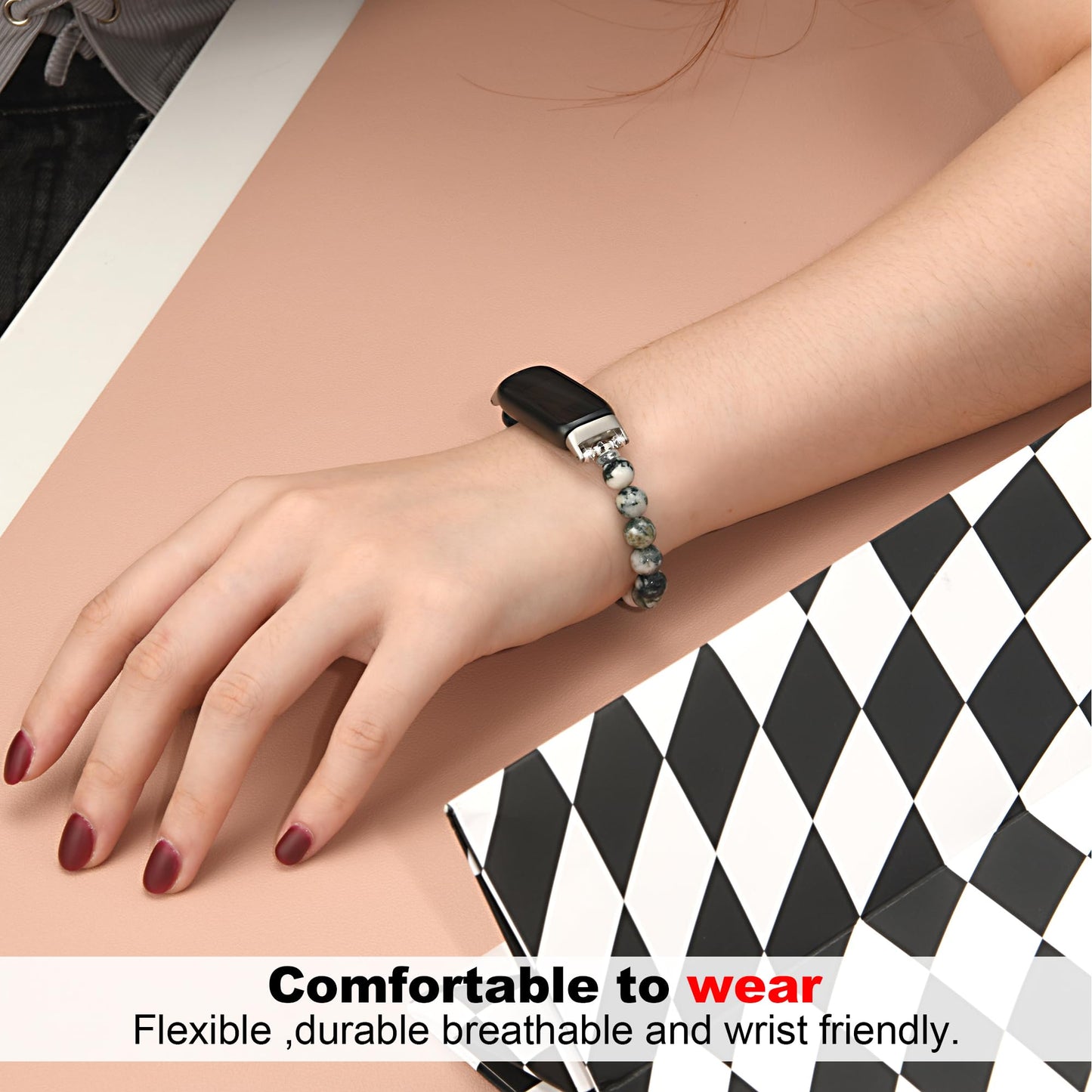 Wongeto Compatible with Fitbit inspire 3 Band Natural Gemstone Beaded Handmade Elastic Stretch Bracelet Tree of Life for fitbit insprie 3 Women (Vertical Agate)
