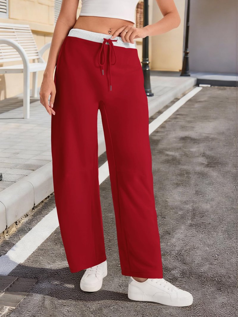 Fisoew Womens Wide Leg Sweatpants Baggy Drawstring Elastic Waisted Travel Track Pants Color Block Joggers with Pockets Red