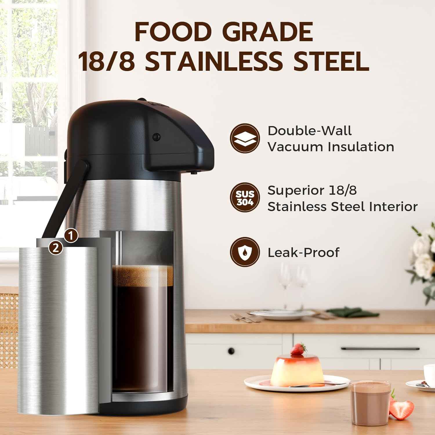 Large 102OZ Stainless Steel Coffee Carafe - Insulated Airpot Dispenser for Hot Drinks