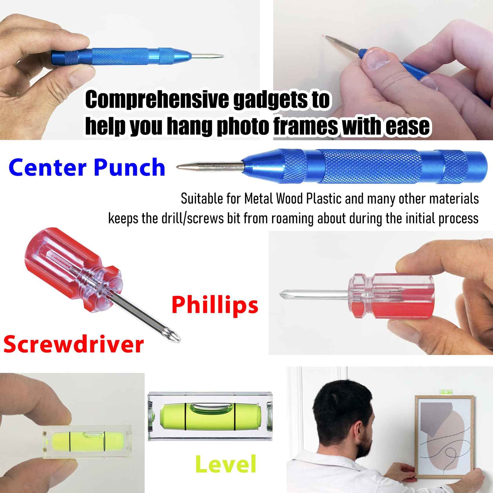 Keyhole Marker, All-in-One Picture Hanging Kit with Level, Center Punch, Screwdriver, Push-Pin Hangers, Easy-Hang No-Measure Tool for Wall Art, Photo Frames, Canvas, Sawtooth, Keyhole, Wire, D-Ring