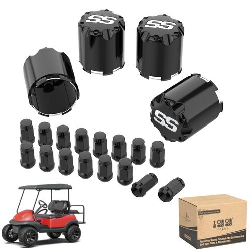 10L0L Golf Cart Center Caps & Wheel Lug Nuts Kit for Most EZGO, Club Car - 4 PCS ITP SS Wheel Hub Cap (Outer Diameter 2.73'') and 16 PCS Lug Nut (Thread Size 1/2") - Black