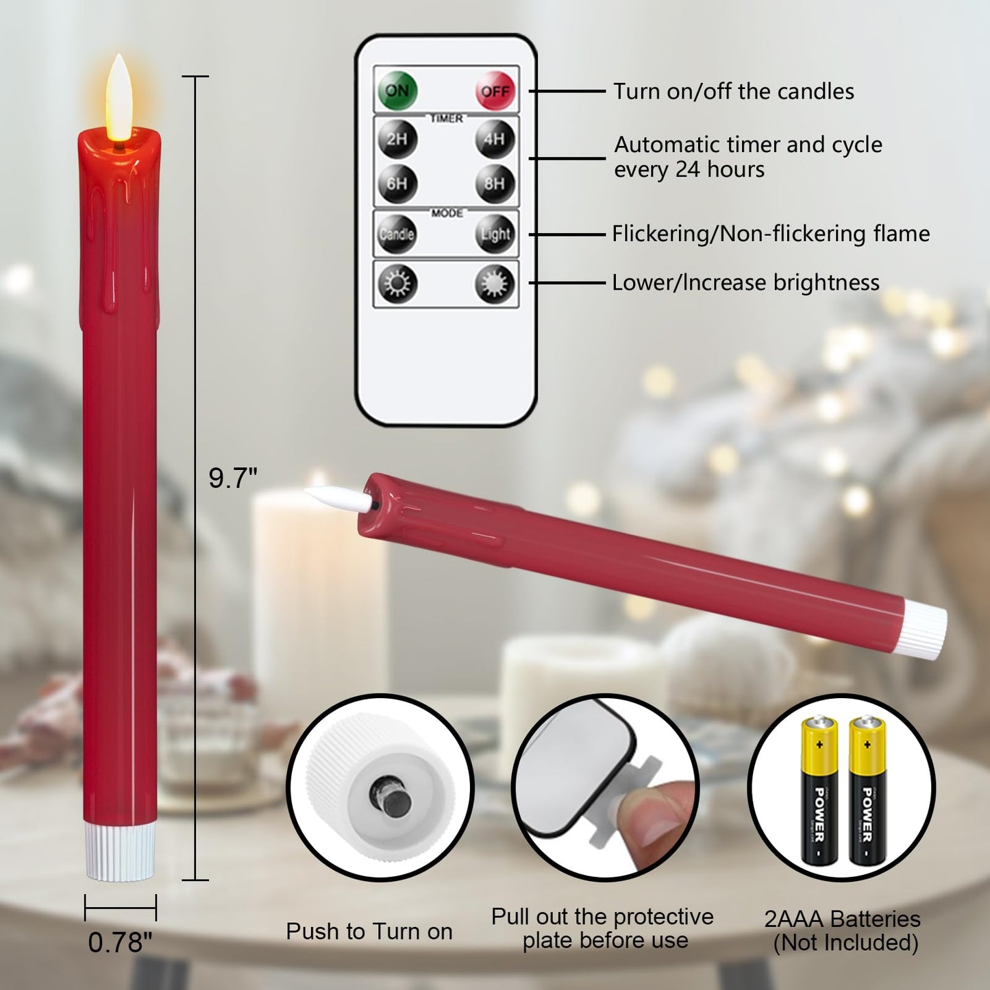 DRomance Dripping Flameless Taper Candles Flickering with Remote and Timer Battery Operated LED Taper Candle Real Wax 3D Wick Dinner Wedding Christmas Holiday Indoor Decor(3 Pack Red, 0.78" x 9.7")