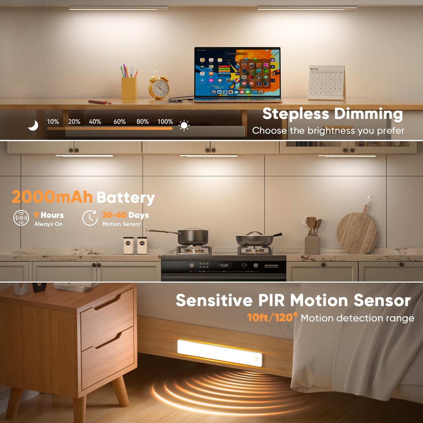 Under Cabinet Lighting, Motion Sensor Light Indoor, USB Rechargeable Battery Operated with Magnetic Closet, Kitchen, Counter, Motion-Activated Auto Shut-Off, Eye-Care Gradual Brightness (2-Pack)