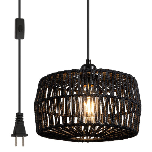 YongMing CL 11.42’’ Black Woven Plug in Pendant Light Fixture, Rustic Round Ceiling Hanging Light with Plug in Cord & On/Off Switch for Entry Bedroom Kitchen Island Living Dining Room Foyer