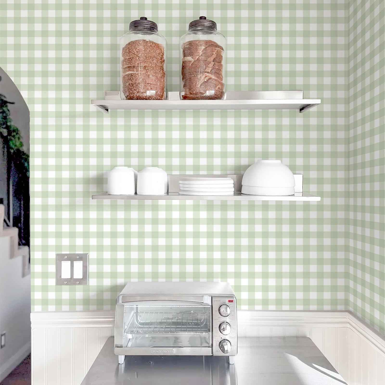 Cohoo Home Green Plaid Peel and Stick Wallpaper Boho Plaid Contact Paper for Cabinet Green Checkered Geinham Contact Paper Self Adhesive Removable Wallpaper Bathroom Nursery Waterproof 17.3inW 197inL