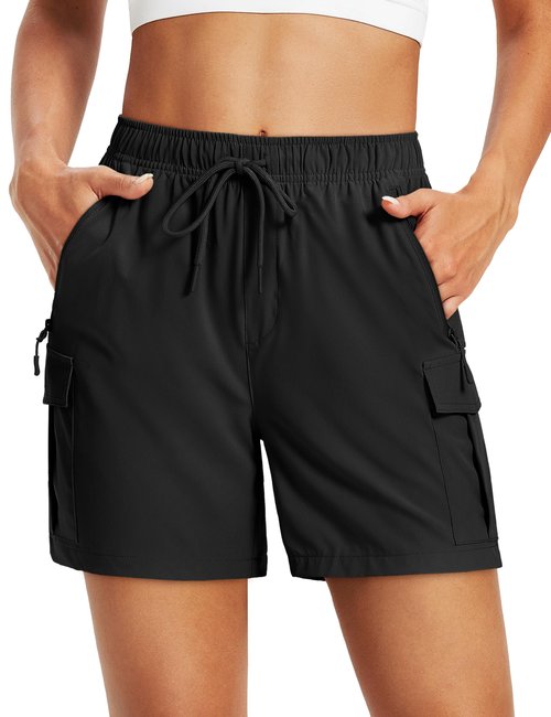 MAGCOMSEN Women's Quick Dry Hiking Cargo Shorts Lightweight Waterproof Summer Shorts 5'' Zipper Pocket Camping Black M