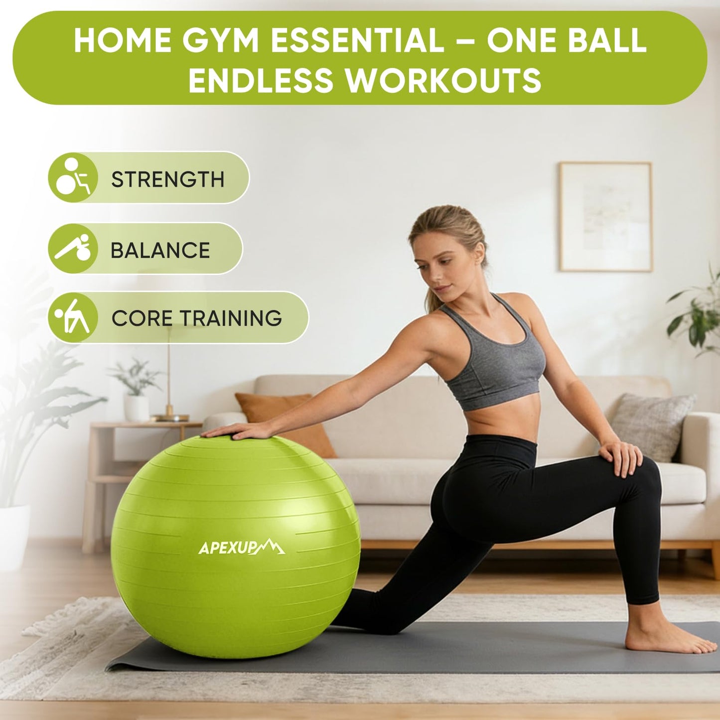 APEXUP Yoga Ball, 660 lbs Anti-Burst Exercise Ball with Pump, 5 Sizes (L (23"~26") 65cm, Green)