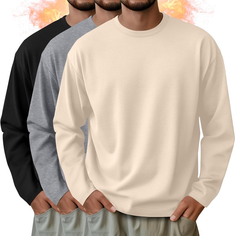 Velvelhall 3 Pack Mens Long Sleeve Shirts Crew Neck Thermal T-Shirt Thick Pullover Basic Tops Casual Comfortable Sweatshirt(Apricot, Light Gray, Black,Large)