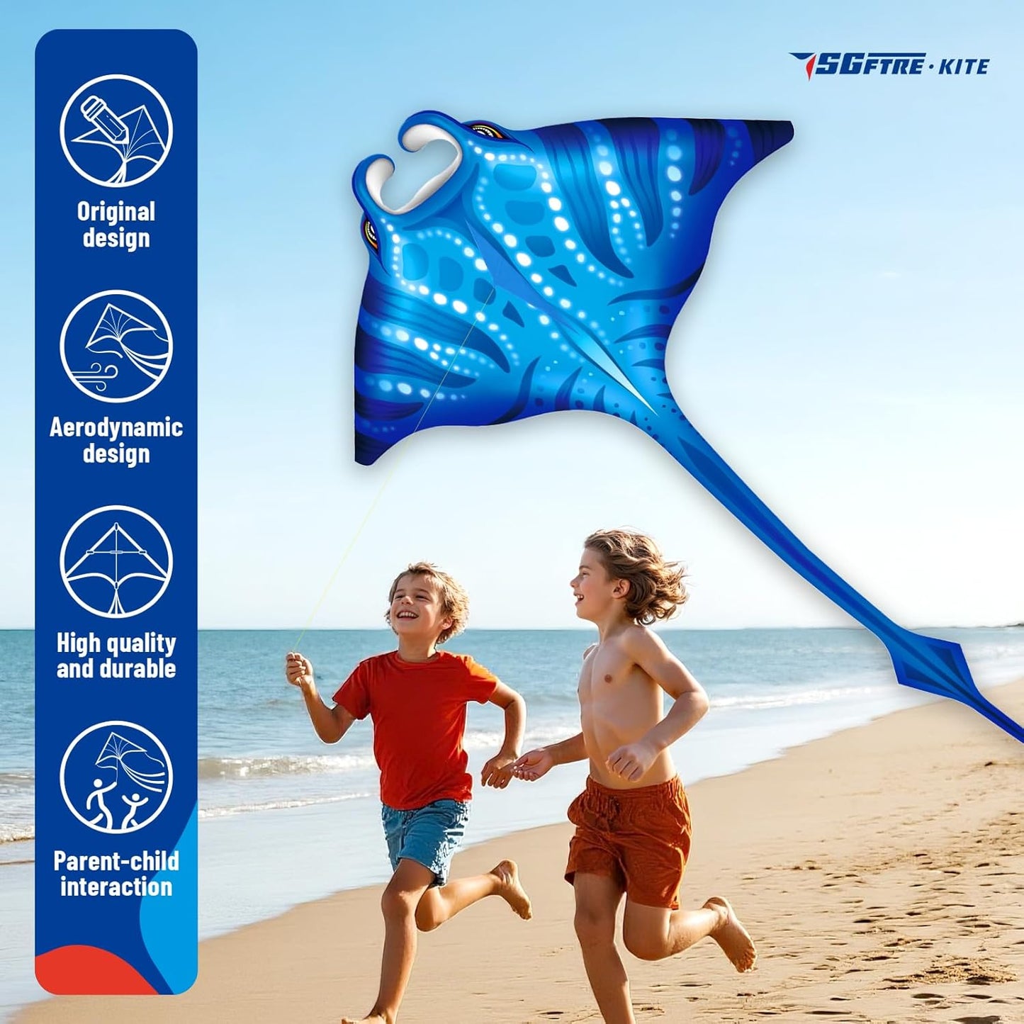 SGftre Butterfly Delta Octopus Kites - Easy to Fly 3-Piece Set for Kids & Adults | Manta Ray Colors (Blue, Pink)