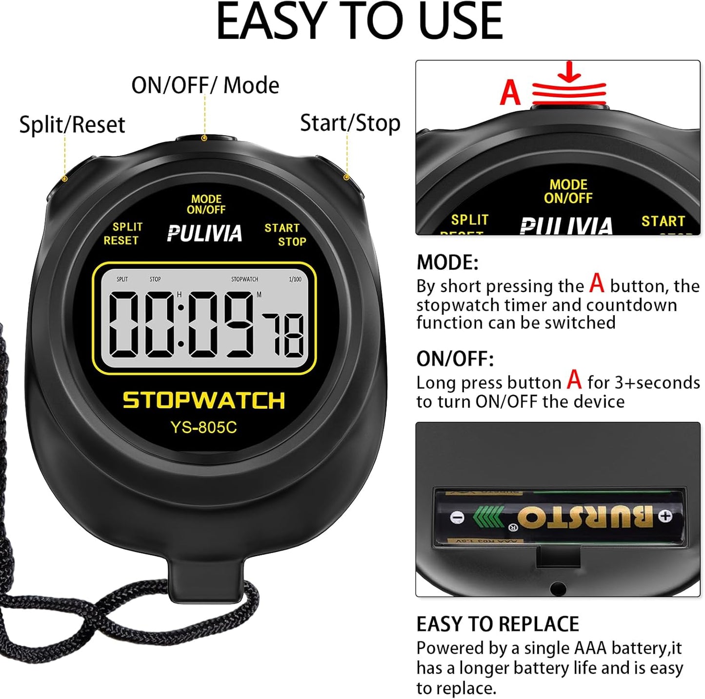 Skiennix Stopwatch Timer - Digital Countdown Timer for Sports | Simple Operation, Black
