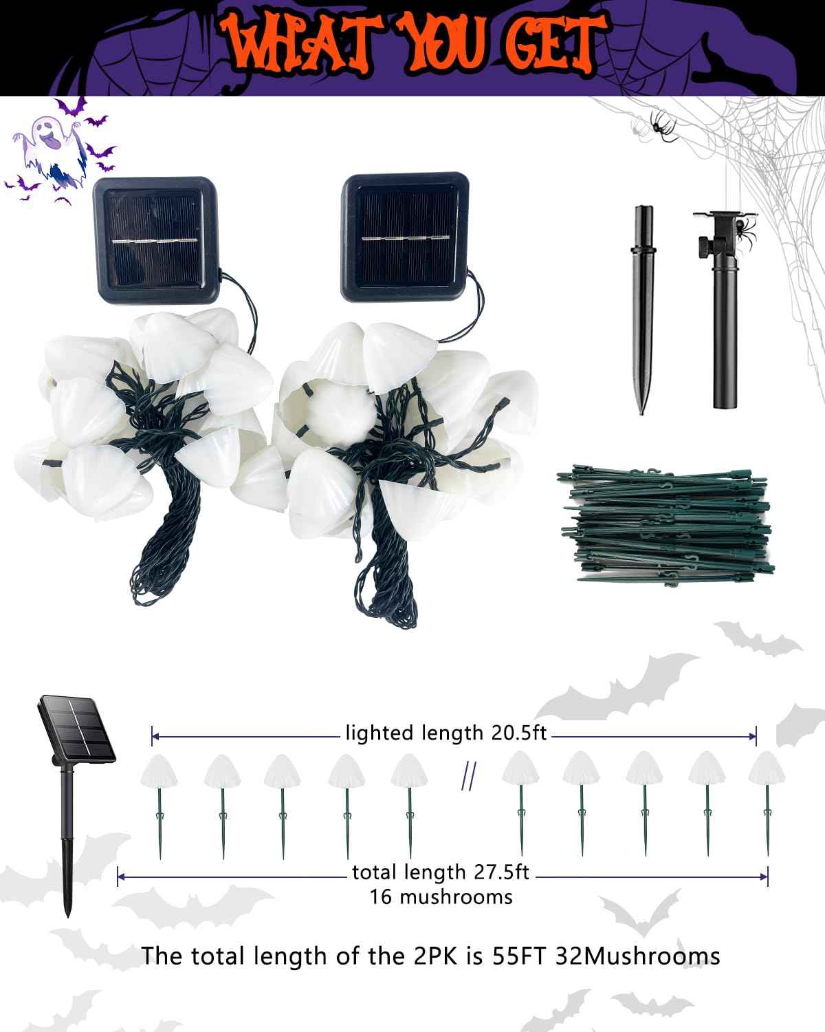 OZS 2PK 55FT 32LED Halloween Orange Purple and Green Solar Mushroom Lights Outdoor, Solar String Light with 8 Lighting Modes Auto On/Off, Halloween Garden Lights for Witch Decorations