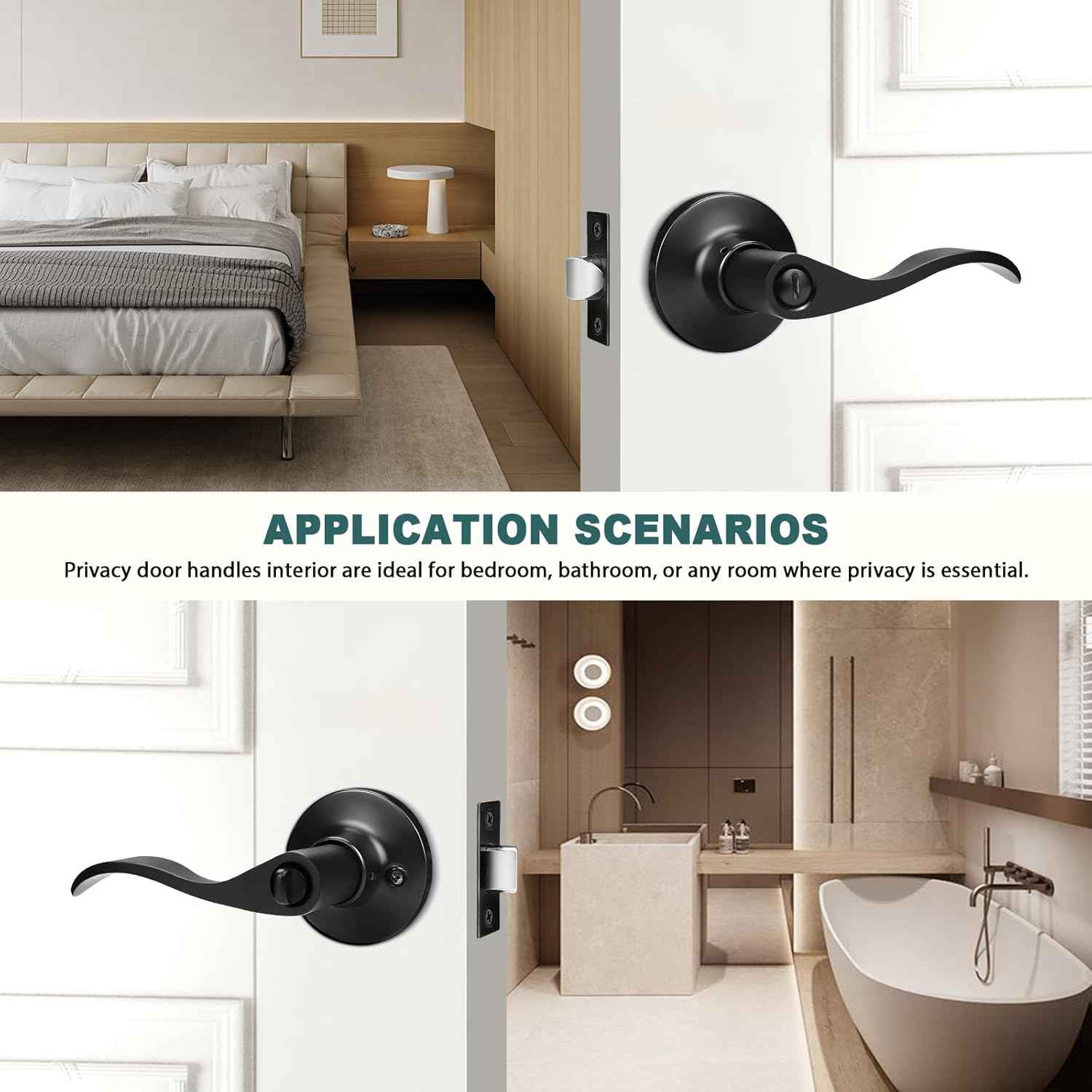 Black Privacy Door Levers - 6 Pack Keyless Modern Wave Handles for Bedrooms