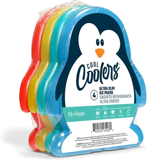 Fit & Fresh Cool Coolers | Kids Lunch Box Ice Packs - Slim & Reusable, Multicolored Set of 4 (Penguin)