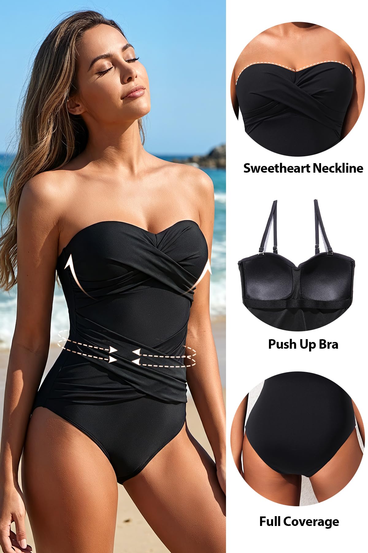 Holipick Women's Black Strapless Bandeau One Piece Swimsuit Ruched XL