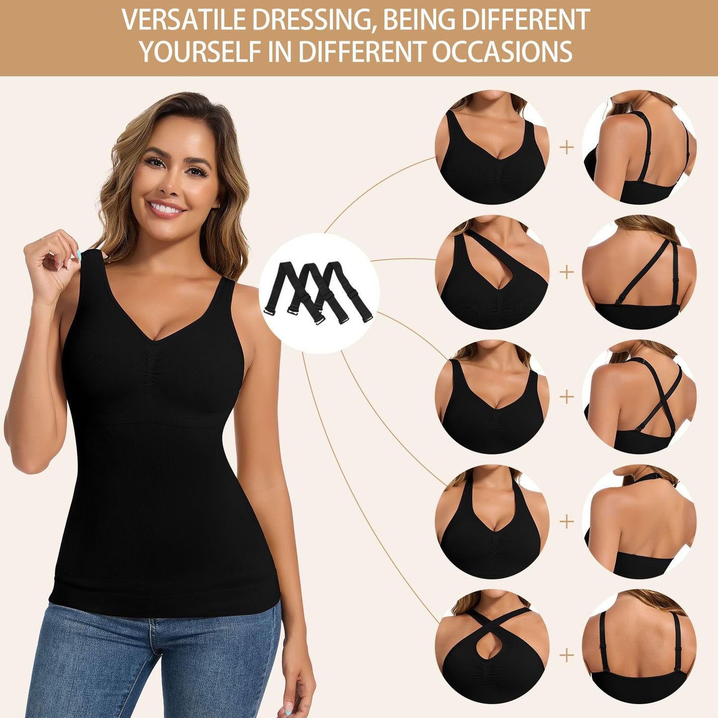JOYSHAPER Shapewear Camisole With Built In Bra Compression Halter Tops for Women Tummy Control Shapewear Tank Top Padded Bras Black M