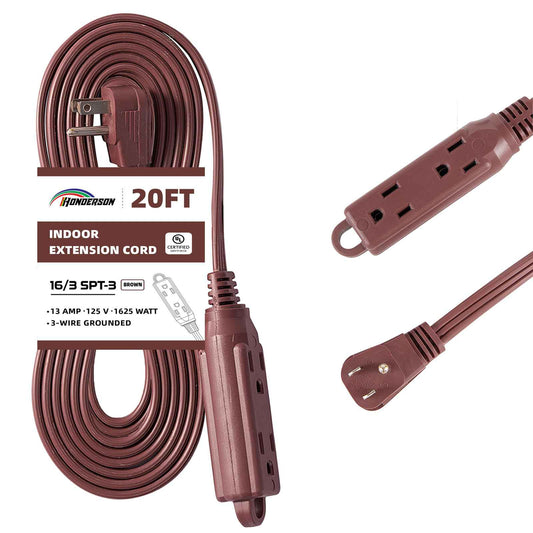 HONDERSON 3-Outlets Flat Plug Extension Cord Outlet Extender, UL Listed, Indoor Extension Cord 16 Gauge 20FT Brown 3 Prong, 16/3 SPT-3 13A Power Strip
