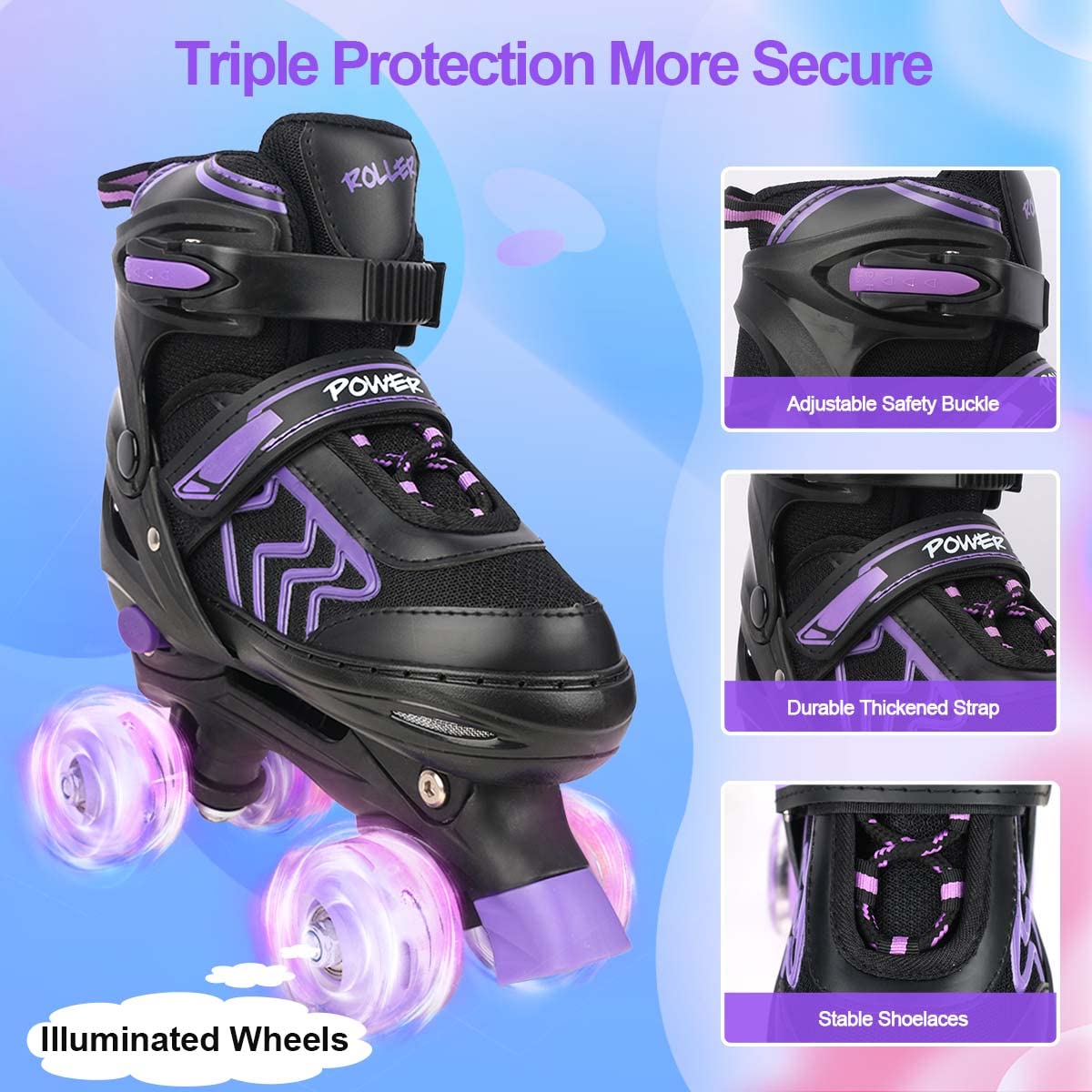 Kids Roller Skates for Girls Ages 6-12, Black&Purple 4 Sizes Adjustable Boys Roller Skates with Light up Wheels Size M