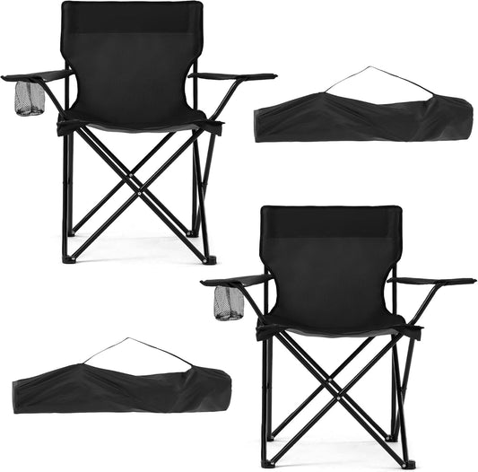 Skiennix Lightweight Folding Camping Chairs - 2 Pack with Cup Holder & Carry Bag | Black, Medium Size