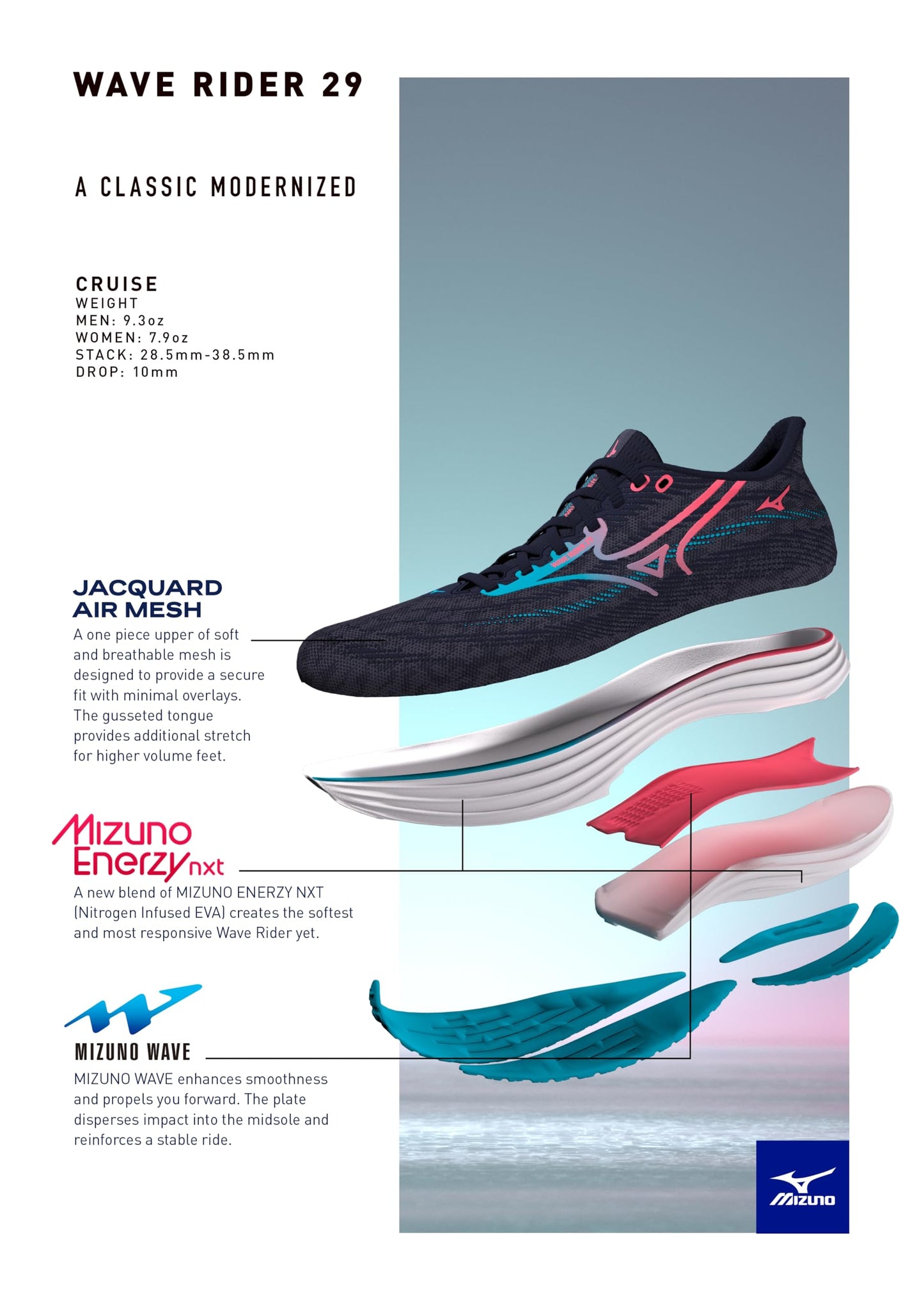 Mizuno Women's Wave Rider 29 Running Shoe, Neutral Road-Trail Shoe,Black Sand-White, US Womens 9.5