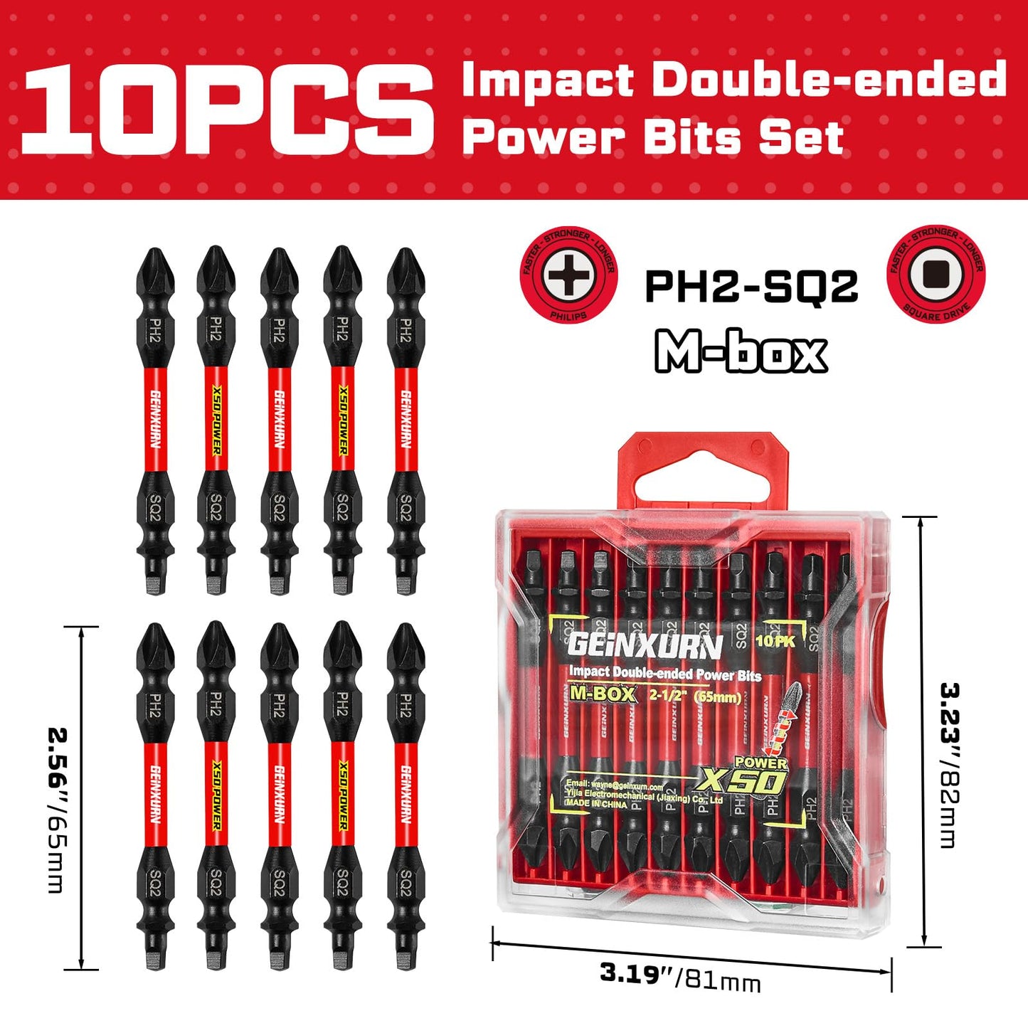 Geinxurn 10Pcs PH2-SQ2 Impact Double End Screwdriver Bit Set, 2.56 in. #2 Phillips /#2 Square Power Driver Bits, Magnetic S2 Steel Two Sides Screwdriver Bits Set with Storage M-Box