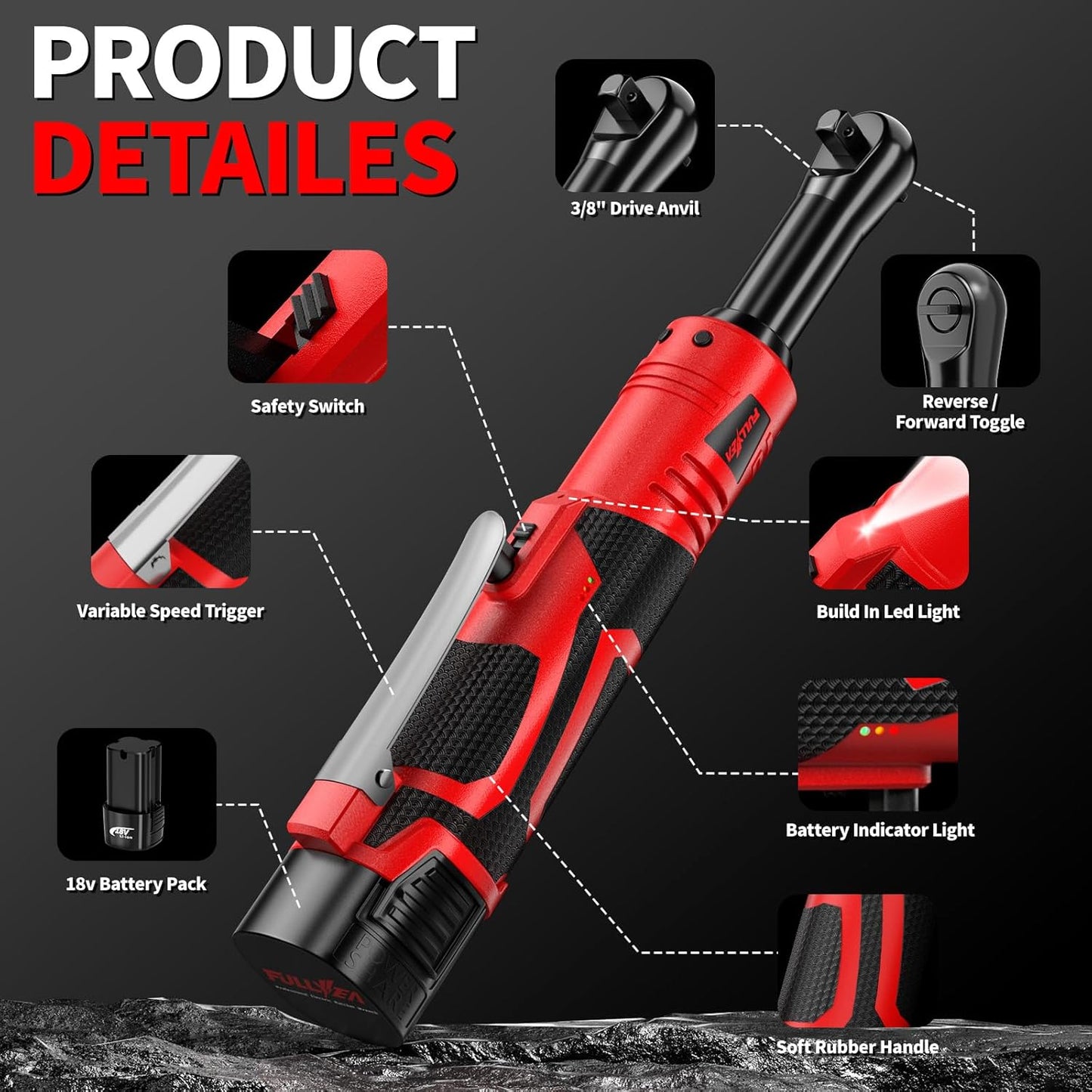 18V Cordless Electric Ratchet Wrench Set - 550 RPM, 3/8" with 7 Sockets, LED Light & 2.0Ah Battery