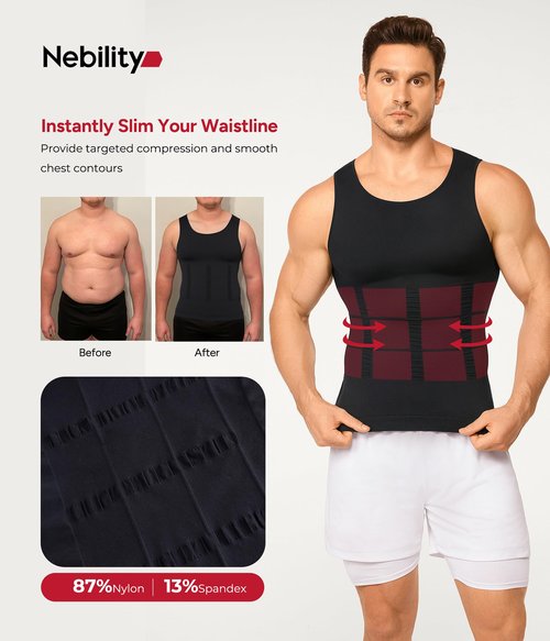 Nebility Shapewear Men Compression Shirt - Slimming Body Shaper Tummy Control Vest Workout Tank Top Undershirt Black