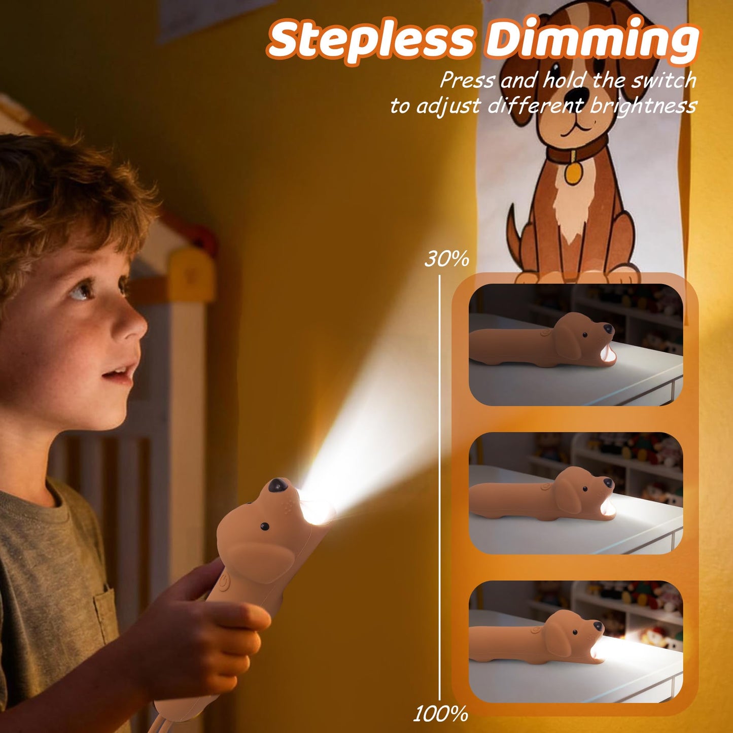 Ammonite Cute Dog Dimmable Silicone Flashlight, Portable Animal Flashlights with Hanging Strap, Compact Rechargeable Camping Light for Hiking Emergencies and Outdoor Use