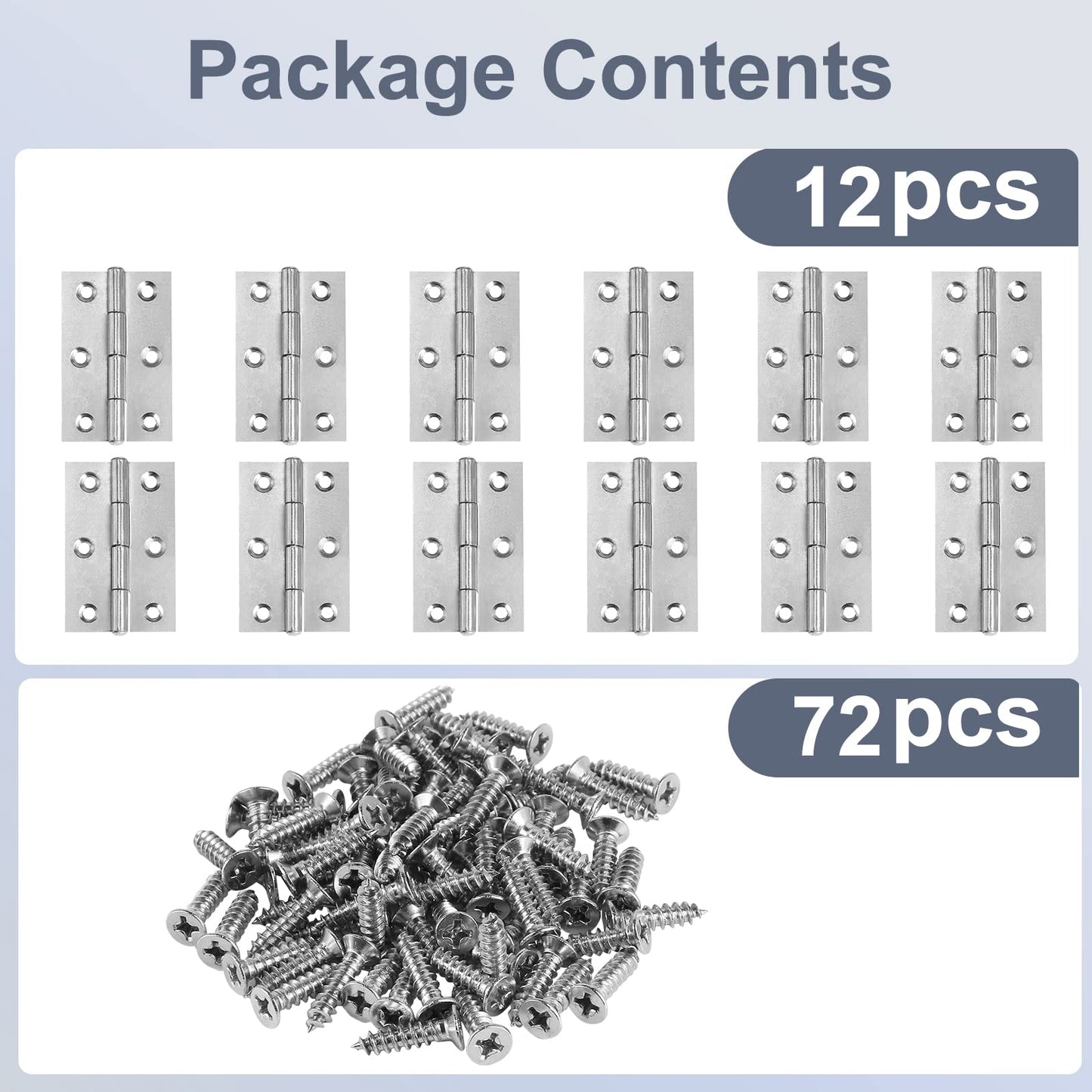 2-3/8" Door Hinge, Zernmiarder 12 Pcs Stainless Steel Butt Hinges, Silver Window Hinges, Interior and Outdoor Hinge with Screws, 60 x 38 x 1.2mm