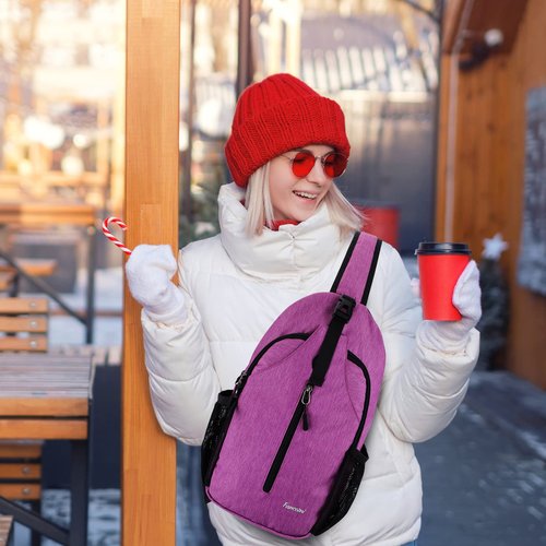 Fancosni Crossbody Sling Bags for Women Men, Lightweight Shoulder Bag, Multipurpose Backpack for Travel, Hiking, Shopping, Walking, Biking, Cycling, Earphone Hole, Purple
