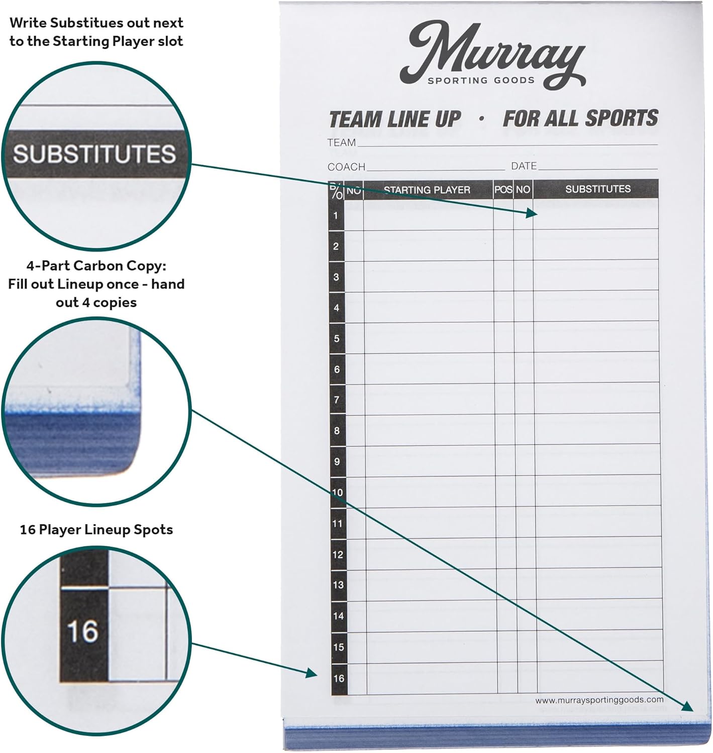 Murray Sporting Goods Baseball/Softball Lineup Cards - 30 Games with 16 Player Roster Sheets