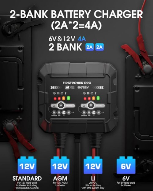 2-Bank Trickle Charger by [Brand Name] | 12V & 6V Automotive Battery Maintainer for Cars, Motorcycles & Lawn Mowers