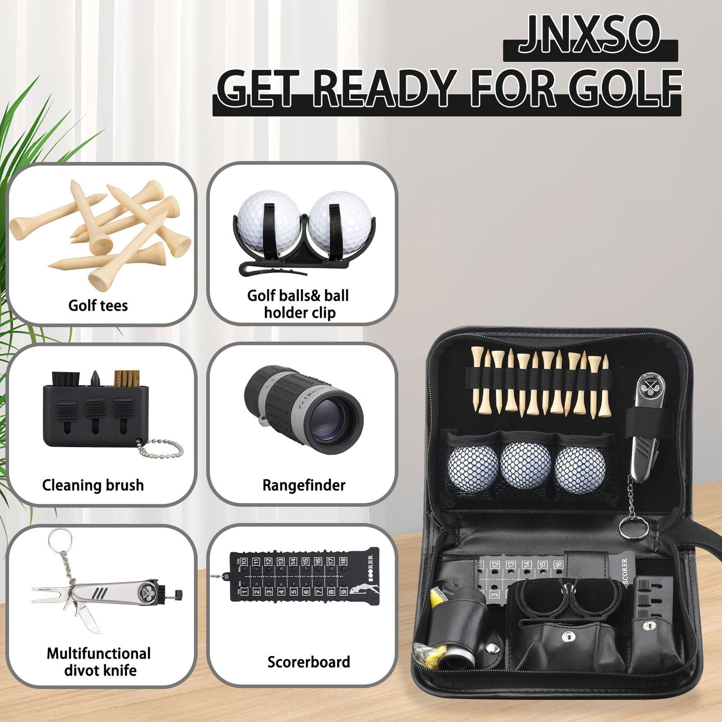 Jnxso Golf Gifts for Men and Women,Golf Accessories Set with Hi-End Case,Golf Balls,Golf Tees,Golf Multifunctional Divot Tool,Rangefinder Golf Brush,Golf Scorer，Golf Ball Clamp(Black)