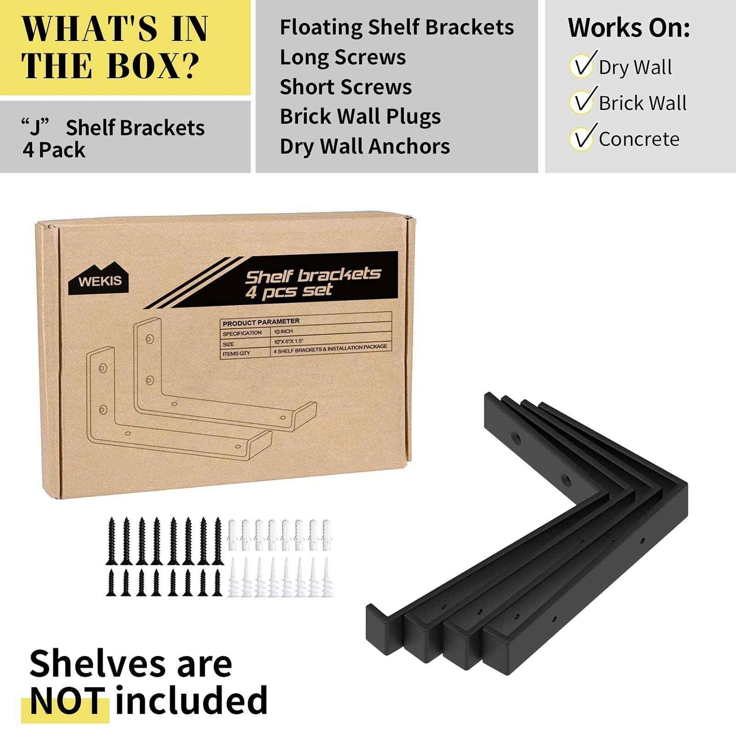Shelf Bracket, Heavy Duty Floating Shelf Brackets 10-Inch Long, 4-Pack Brackets for Shelves, Black Coated J Shape Metal Wall Shelf Support Brackets with 1/5-Inch Thick and 160 lb. Load Capacity