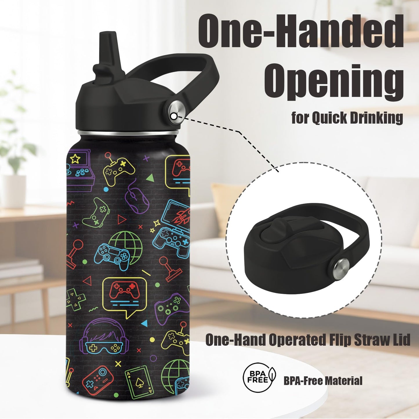 CGMIBAS Gamer Water Bottle 32oz - Insulated Stainless Steel with Straw, Leak Proof Lid - Ideal Gaming Gifts for Kids Boys Teens - BPA-Free Sports Bottle for School, Travel & Gaming