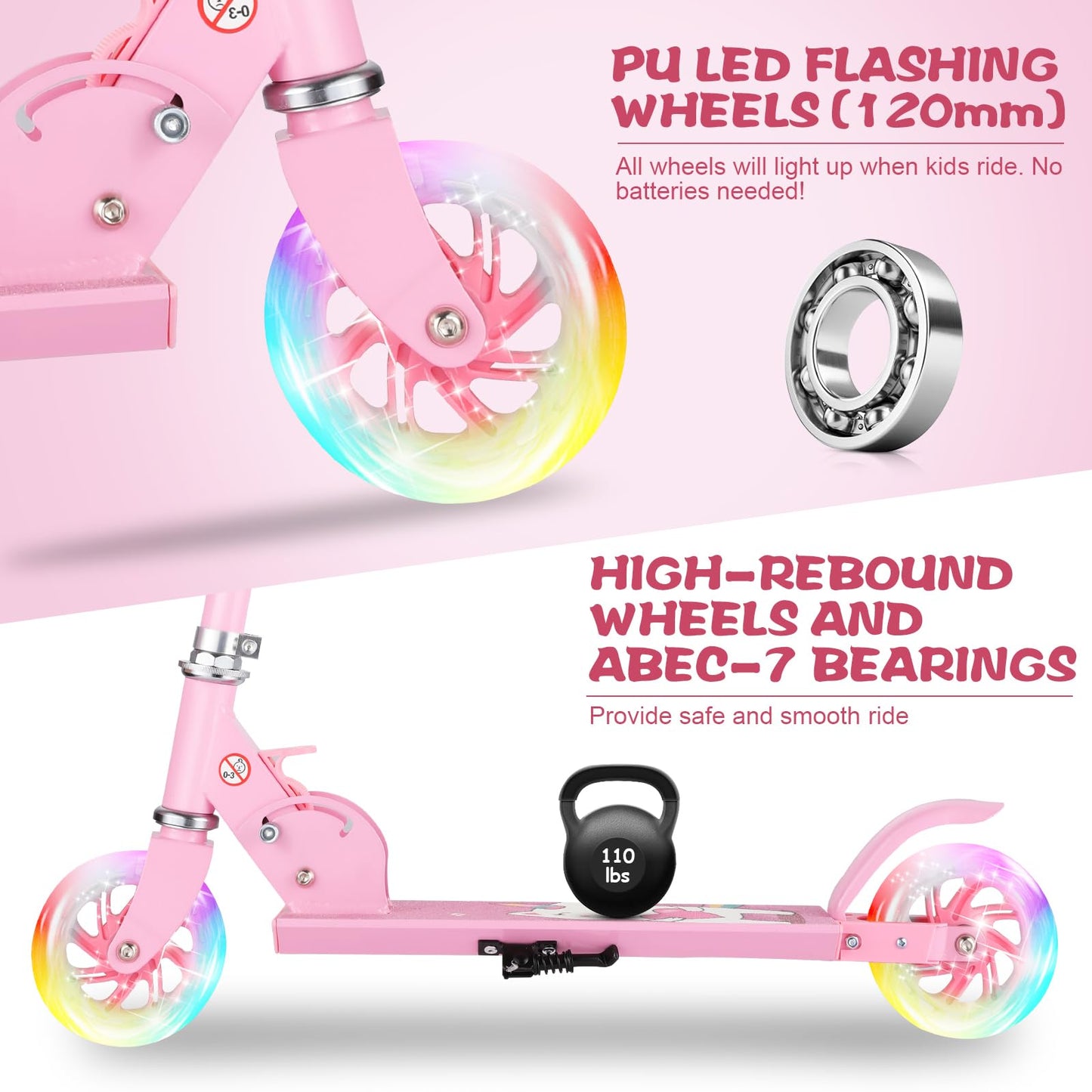 Scooter for Kids Ages 3-10 - Kids Kick Scooters with Led Light Up Wheels & 3 Levels Adjustable Handlebar, Lightweight Foldable 2 Wheel Girly Pink Scooter, Christmas Birthday Gifts for Girls Boys.
