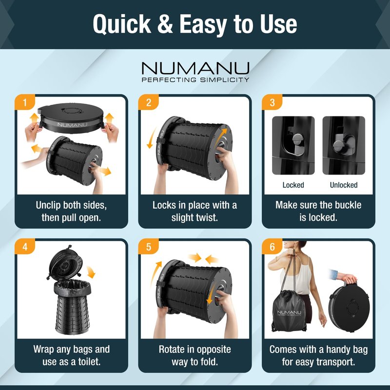 NUMANU 19.7" XXL 3IN1 Portable Toilet, Stool, Trash Can | Adjustable Height Portable Potty, Foldable Travel Toilet with Lid & Waste Bags, Outdoor Travel Potty, Pop Up Camping Toilet for Adults & Kids