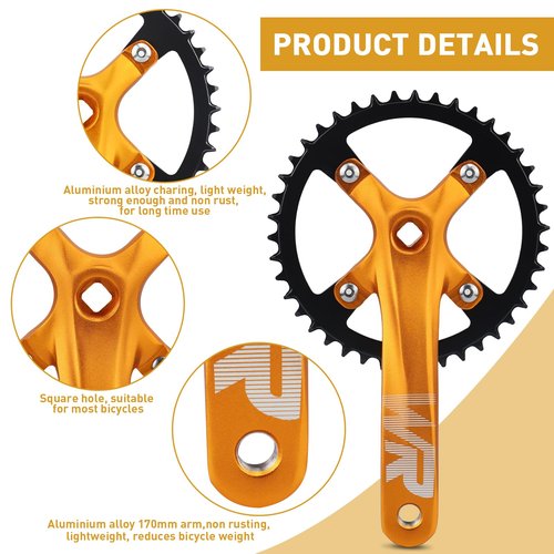 WEEROCK Mountain Bike Crankset Aluminium Alloy 1 Piece/Single 42T Charing Crank Set with 170mm Arm 104 BCD, Compatible with Single Speed Bicycle and 6/7/8/9/10/11 Speeds MTB Bike, Golden