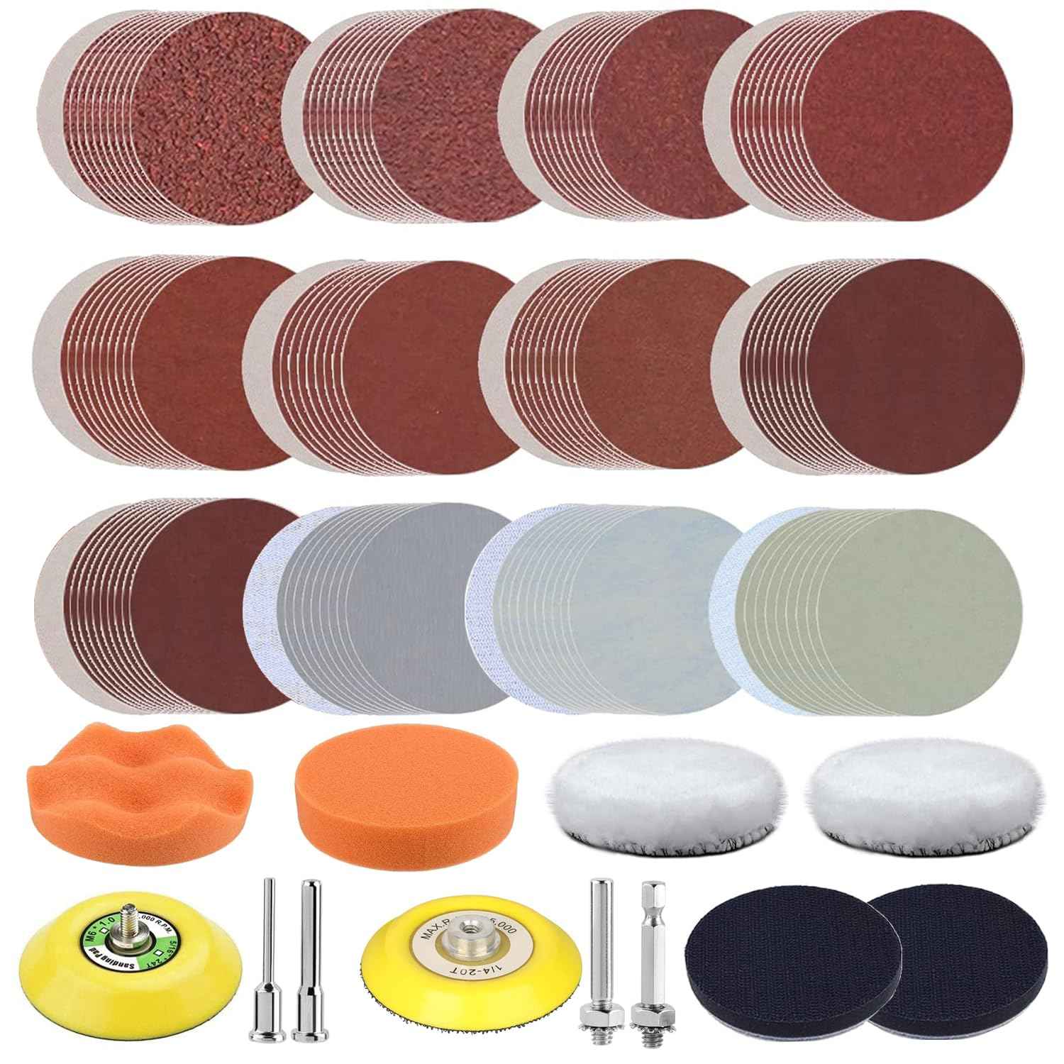 3 Inch Sanding Disc Car Headlight Restoration Kit, 120 Pcs Hook and Loop Wet Dry Sandpaper 60 to 10000 Grits Drill Polishing Buffing Pads Sponge with Rotary Tools for Car Metal Wood Glass