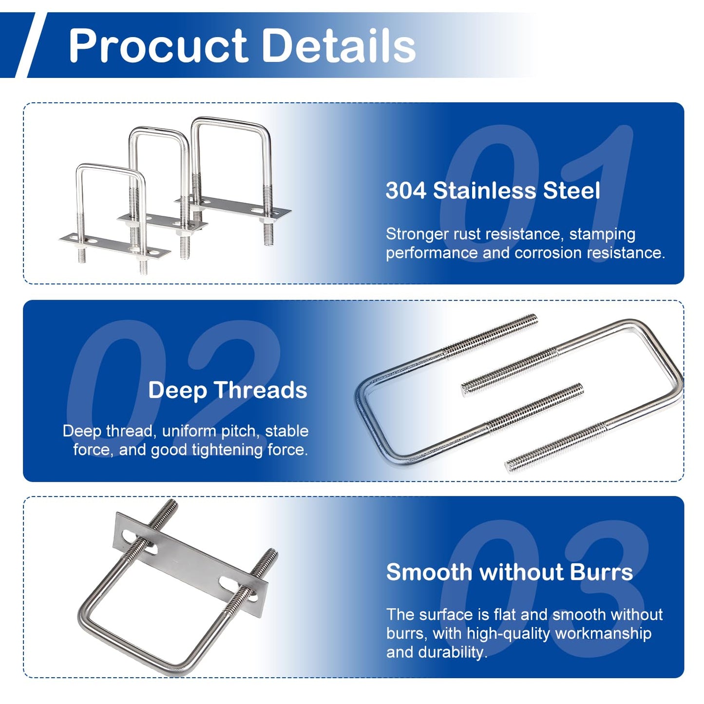 MroMax 4Pcs Square U-Bolts 1-1/2" Inner Width, M8 x 40 x 100mm 304 Stainless Steel U-Bolts with Frame Plates and Nuts, 3.94" Length, for Automobiles Trailer, Ski Boat, Sailboat and Trailer