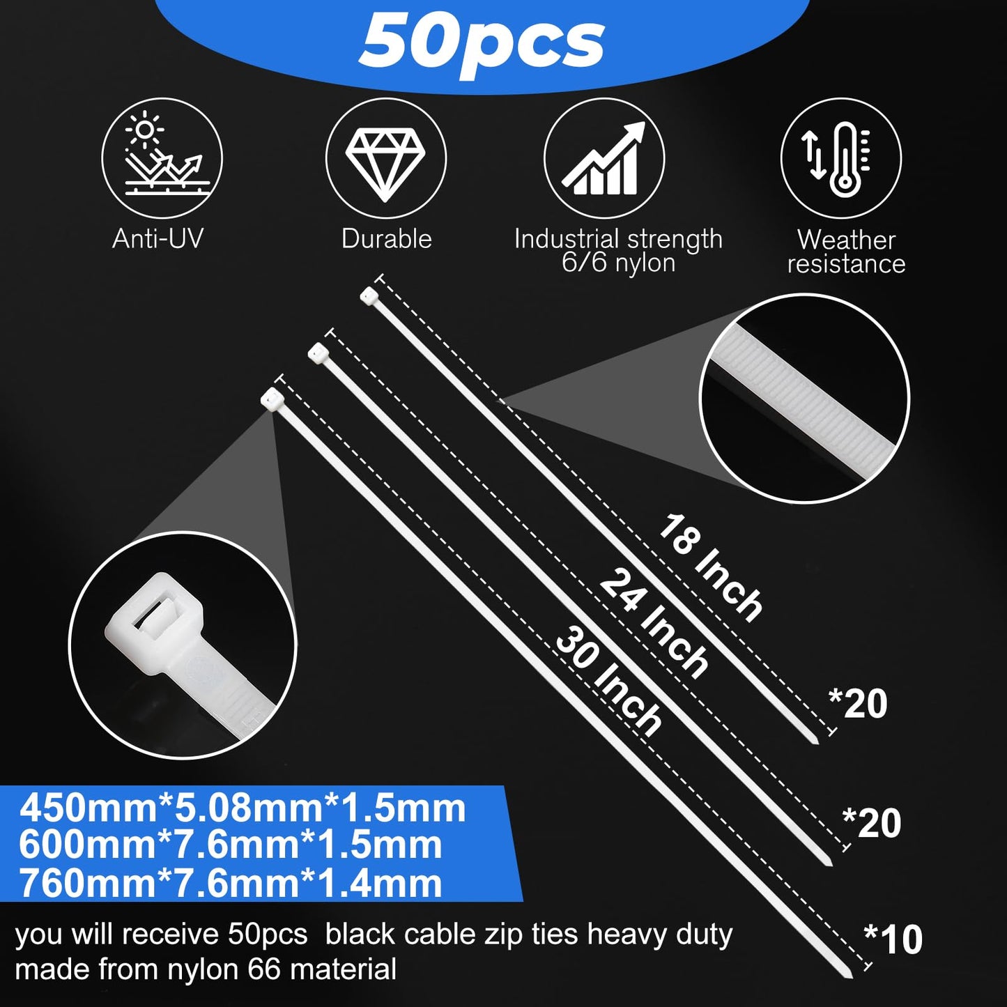 Shappy 50 Pcs Zip Ties Heavy Duty Strong Large Cable Wire Ties Zip Industrial Sturdy Wire, Awnings Tying Branches Bundling of Crops Fixed Water Pipes(18 Inch, 24 Inch, 30 Inch,White)