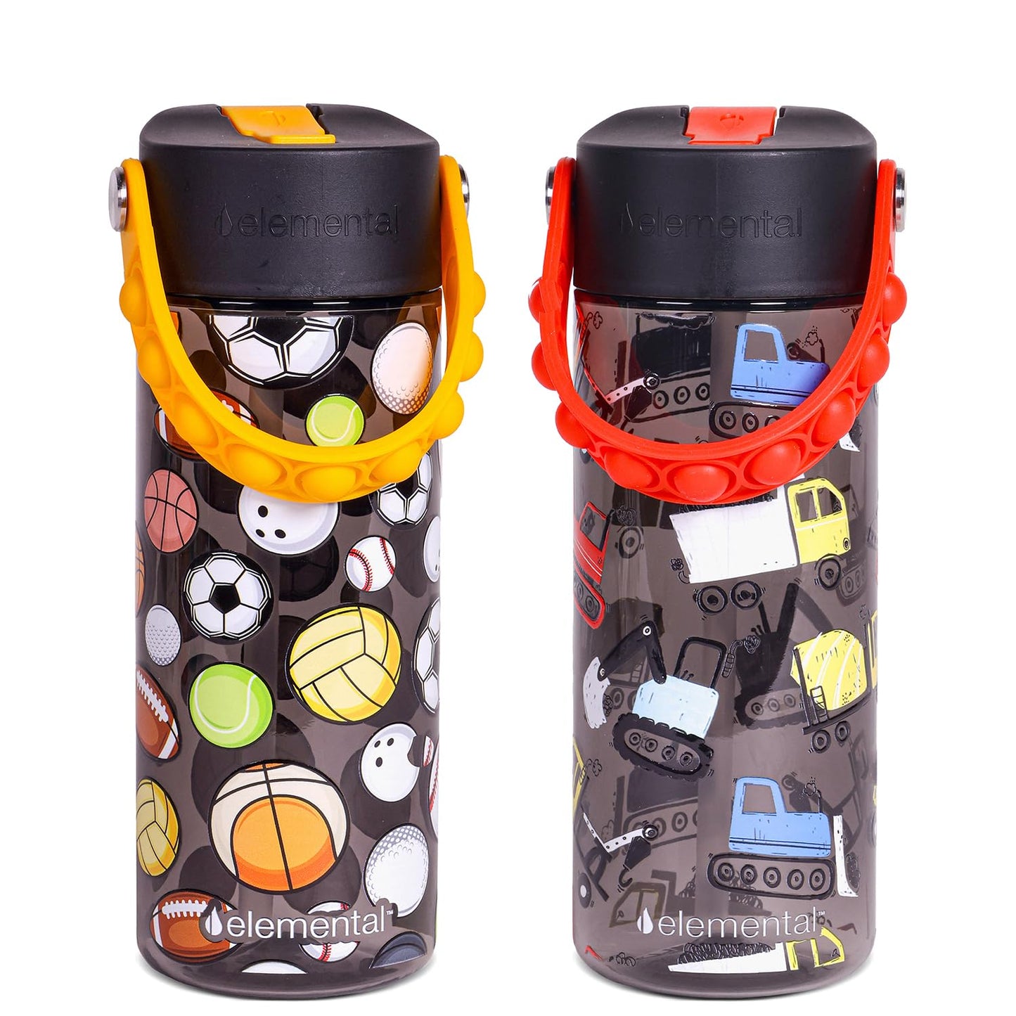 Elemental Leak Proof Water Bottles for Kids - Splash Kids Water Bottle for School with Pop-it Handle - Tritan Plastic Water Bottle with Straw - Sports Ball & Construction - 18oz (2 Pack)