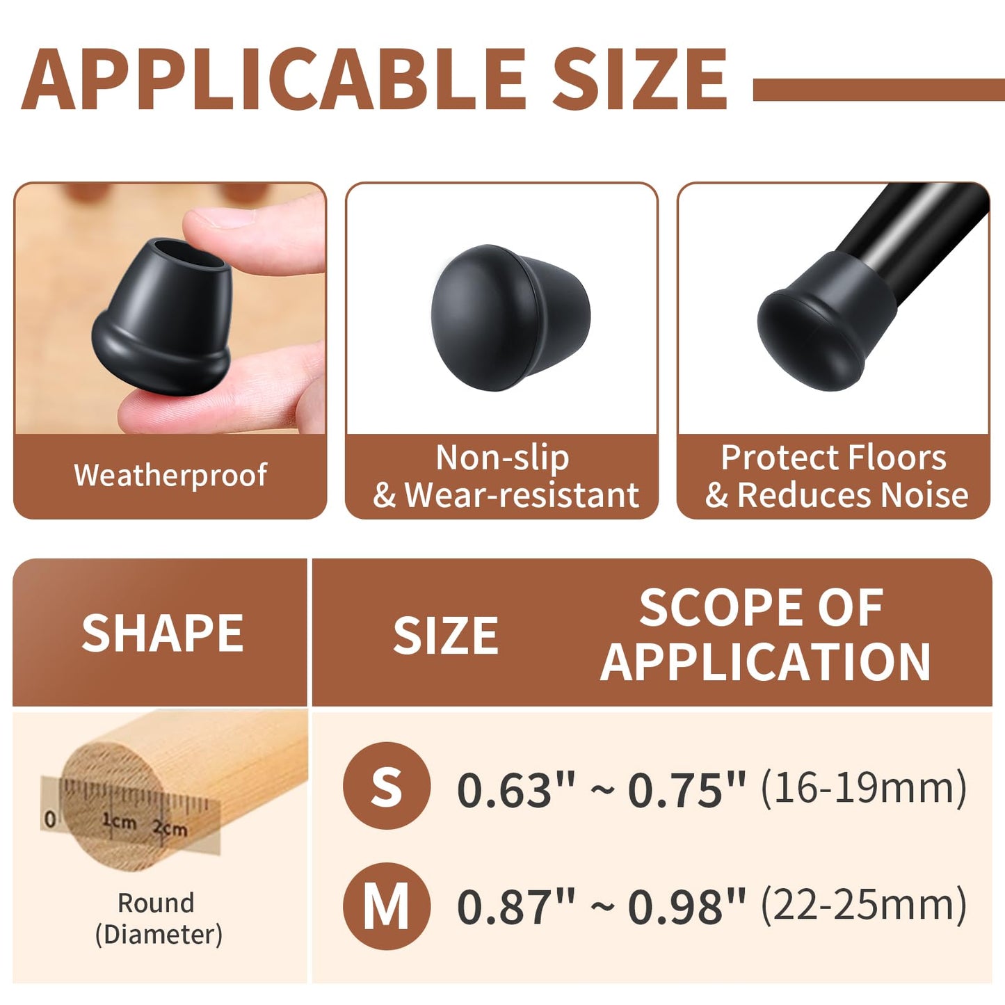 Ezprotekt 3/4" Round Rubber Chair Leg Caps, 8 Pcs Non-Slip Metal Folding Furniture Feet Stool Leg Floor Protectors Cups for Dining Table, Patio Chair Legs, Black (Fit: 0.63" - 0.75")