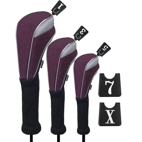Andux 3pcs/Set Nylon Golf Wood Club Head Covers 460cc Driver Covers with Long Neck Fuchsia